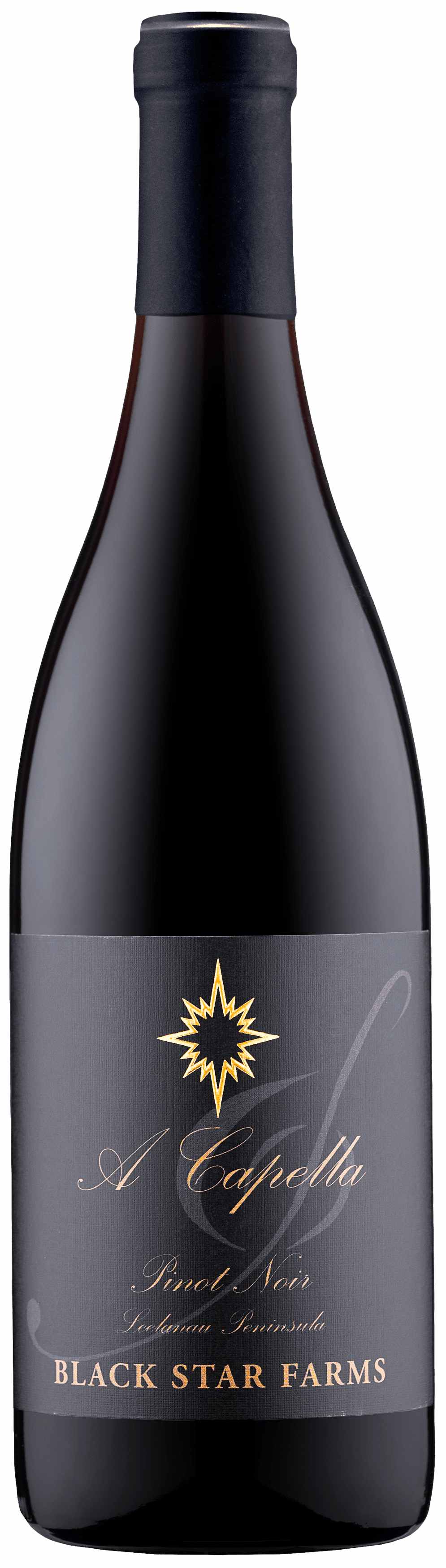 BSF-a-capella-pinot-noir_full-rez A bottle of Black Star Farm blackberry syrup, showcasing its rich color and elegant label, set against a neutral background.