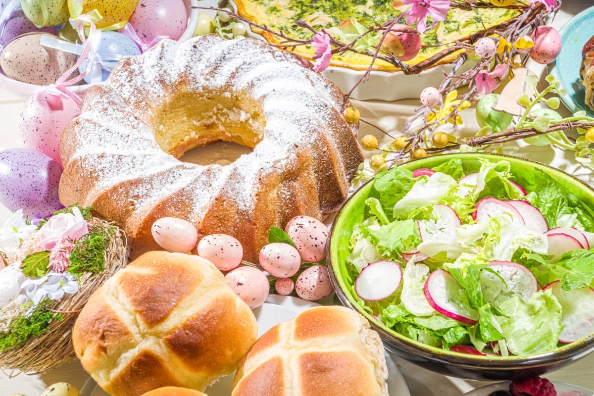 Example of Easter Brunch food displayed with Easter decorations.