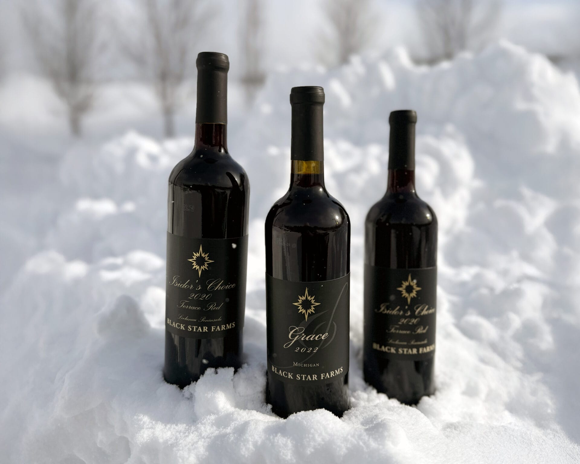 Bottles of red wine in the snow.