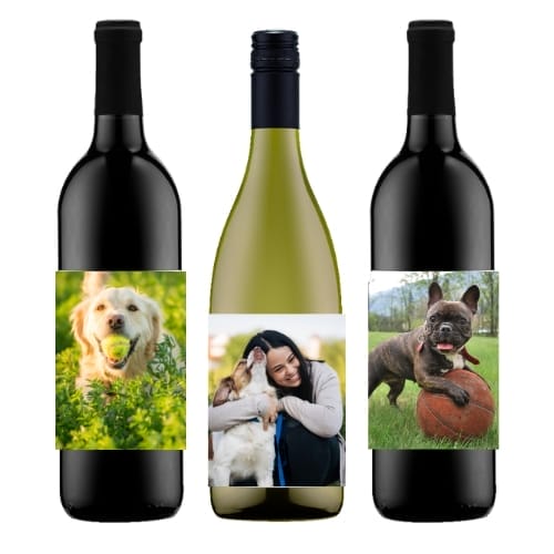 Custom Dog Wine Bottles Bottles of wine with custom dog labels.