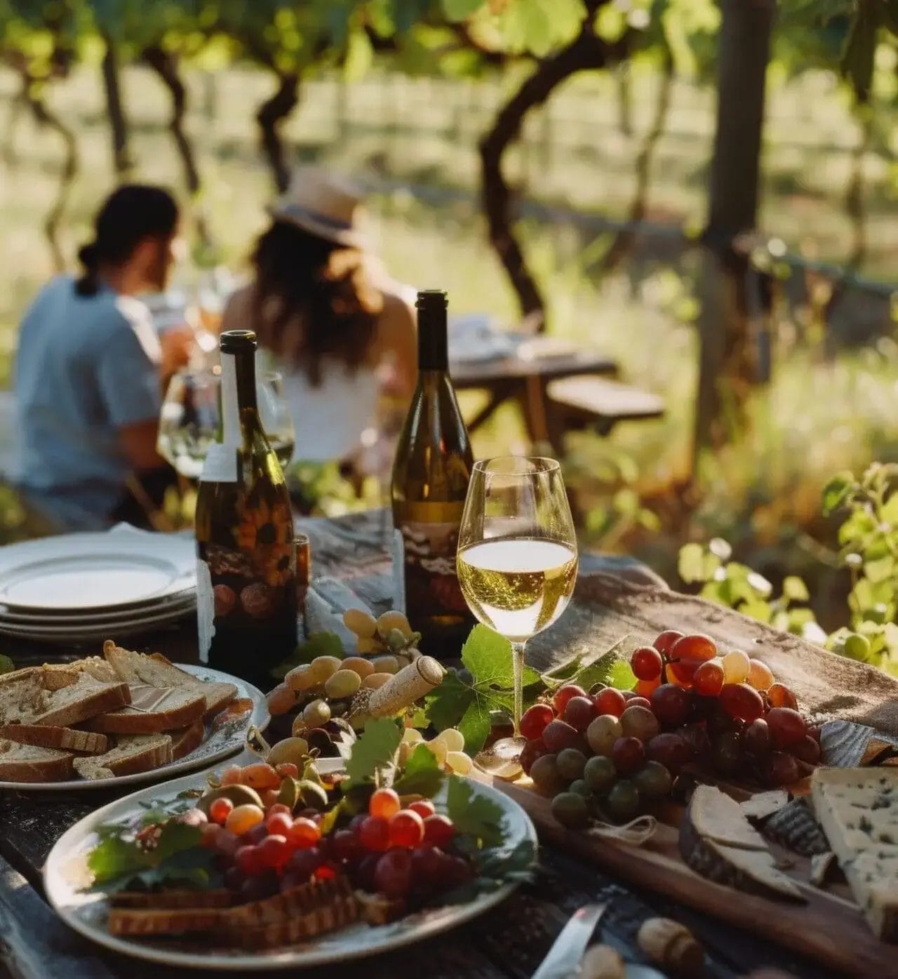 A couple dining in a Tuscan vineyard.