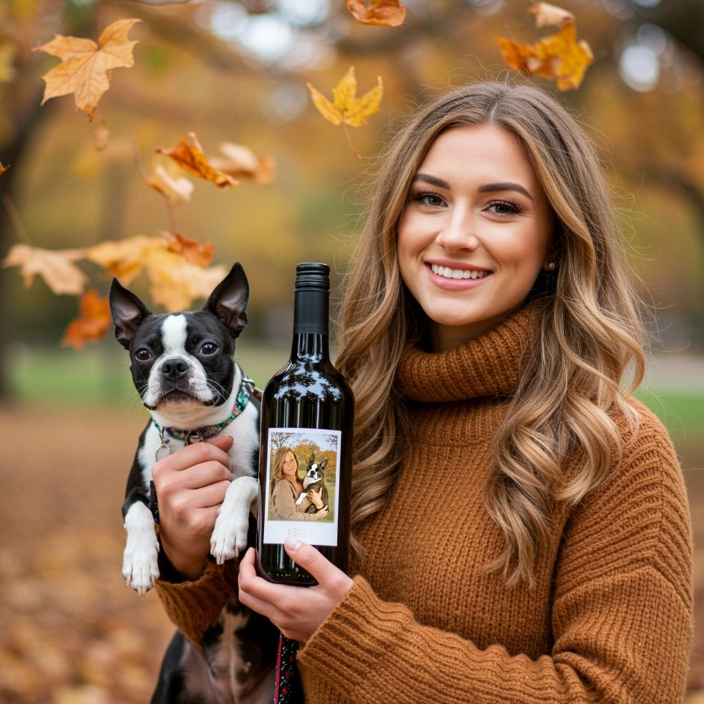 Bottles of wine with custom dog labels.