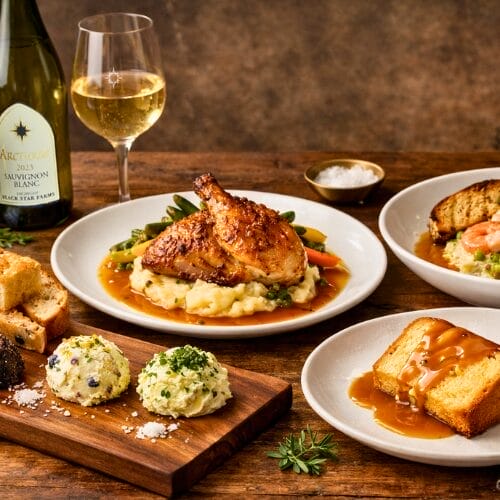 Food items from the Buttery Table dinner with a glass of Sauvignon Blanc.